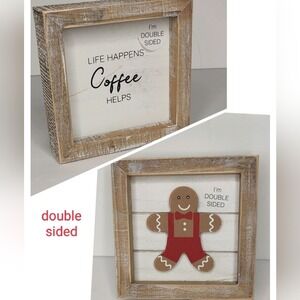 Gingerbread Man‎ Wooden Tabletop Decor Sign Tiered Tray Coffee On Reverse Side